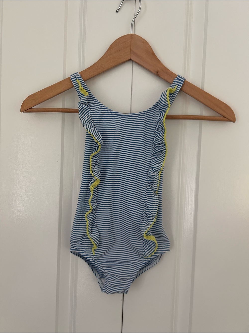 Mini Boden girls one piece swimsuit blue white seersucker ruffle 3-4 years